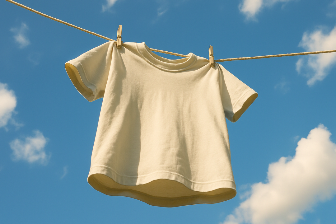 una polera colgada en un cordon con vista al cielo