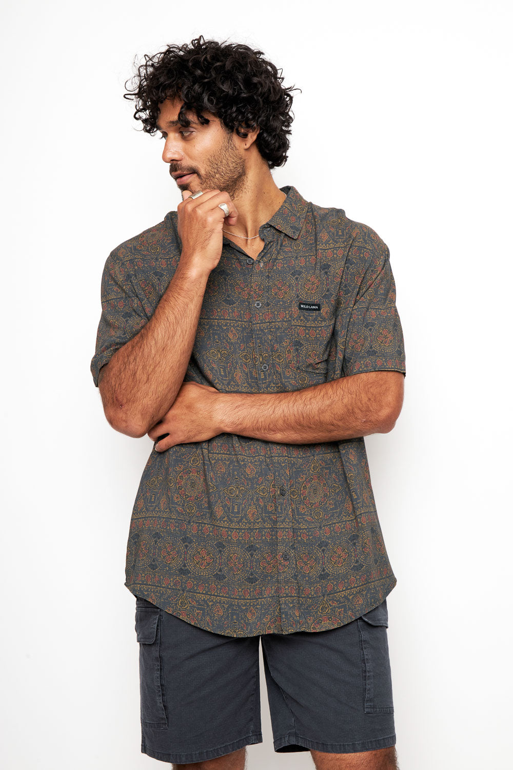 Camisa Mero Boho Azul Camel Hombre ECOVERO™