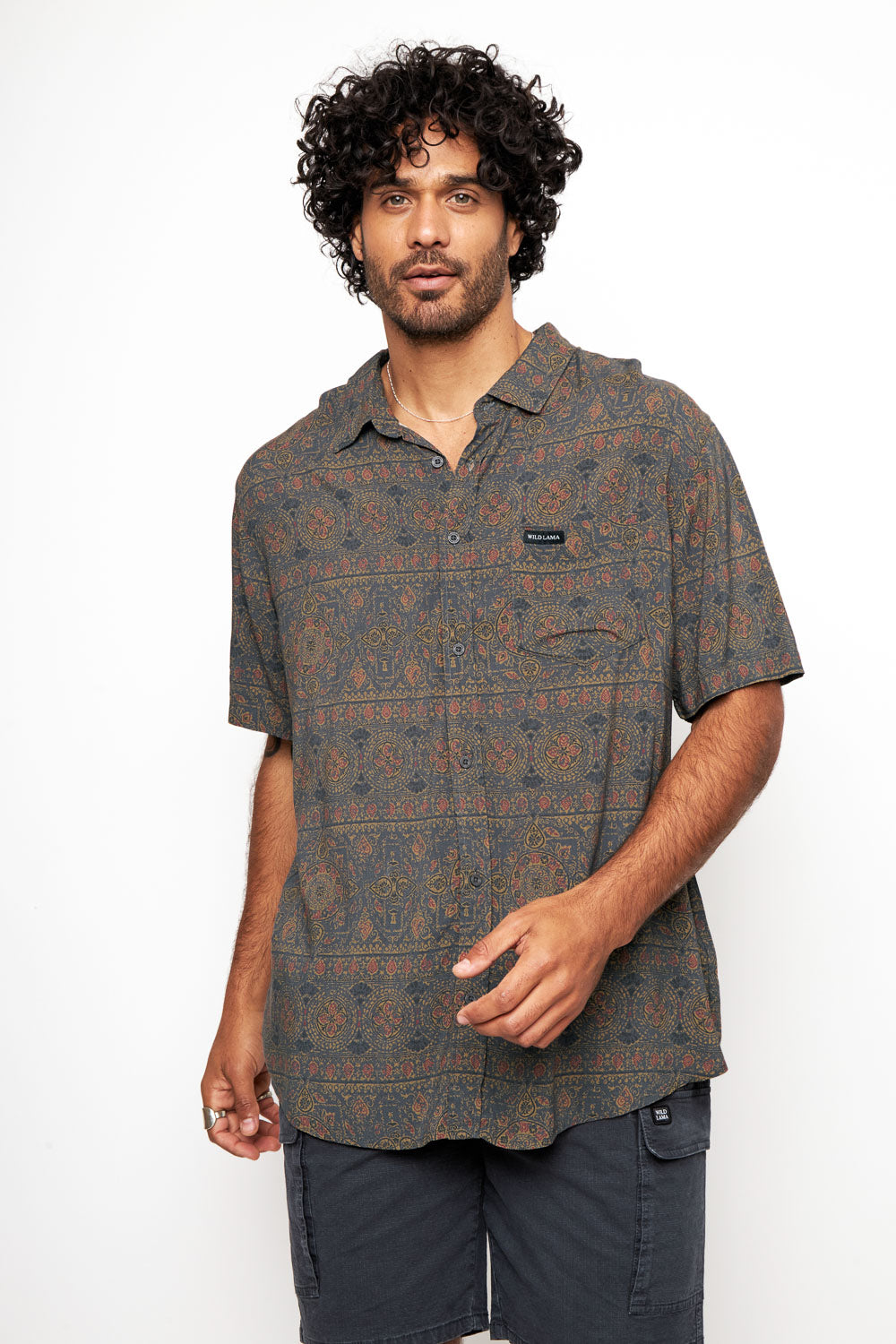 Camisa Mero Boho Azul Camel Hombre ECOVERO™