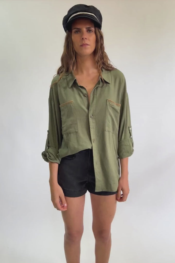 Camisa Zita Con Lino Verde Mujer