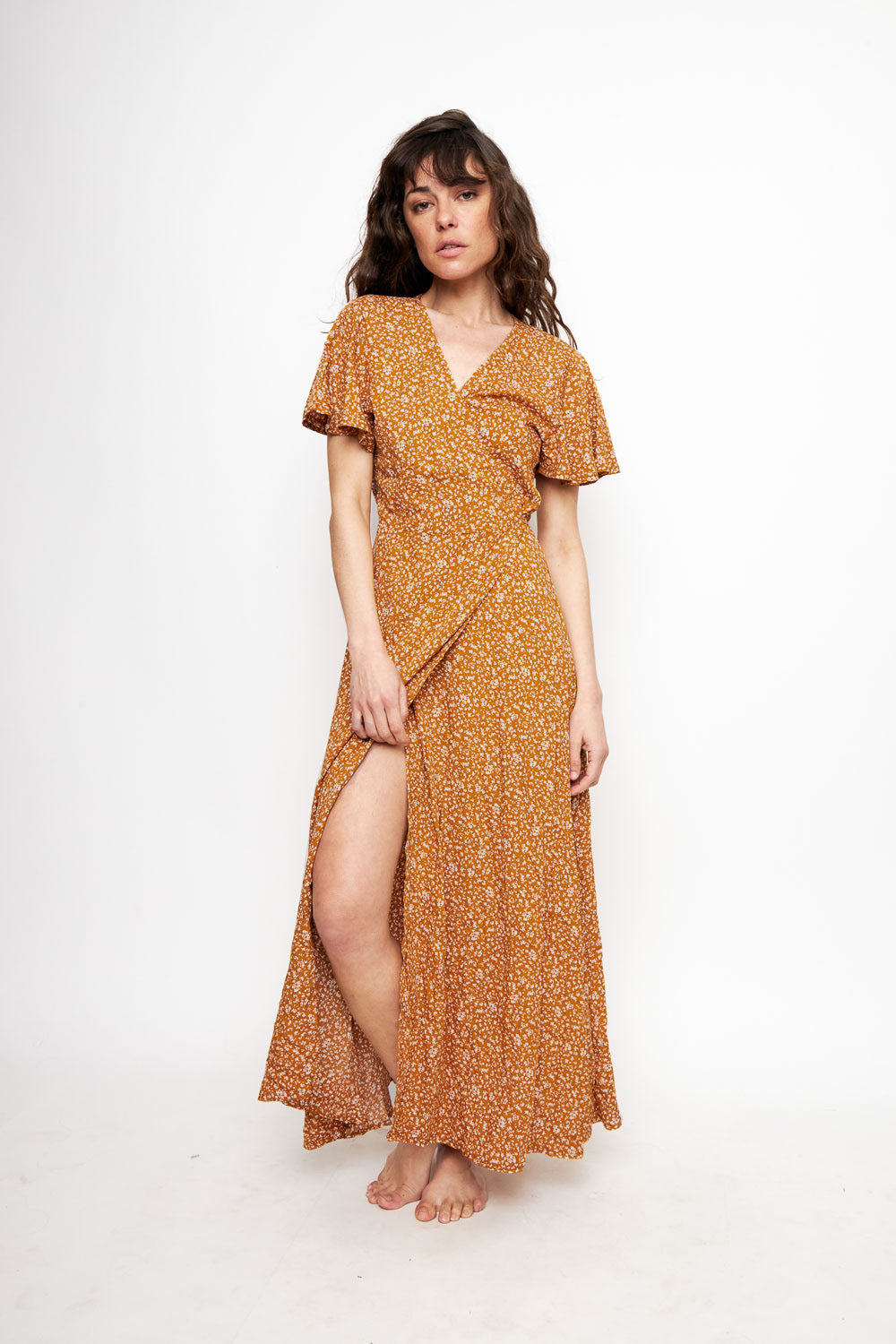 Vestido Largo Ecuador Flores Mostaza Mujer