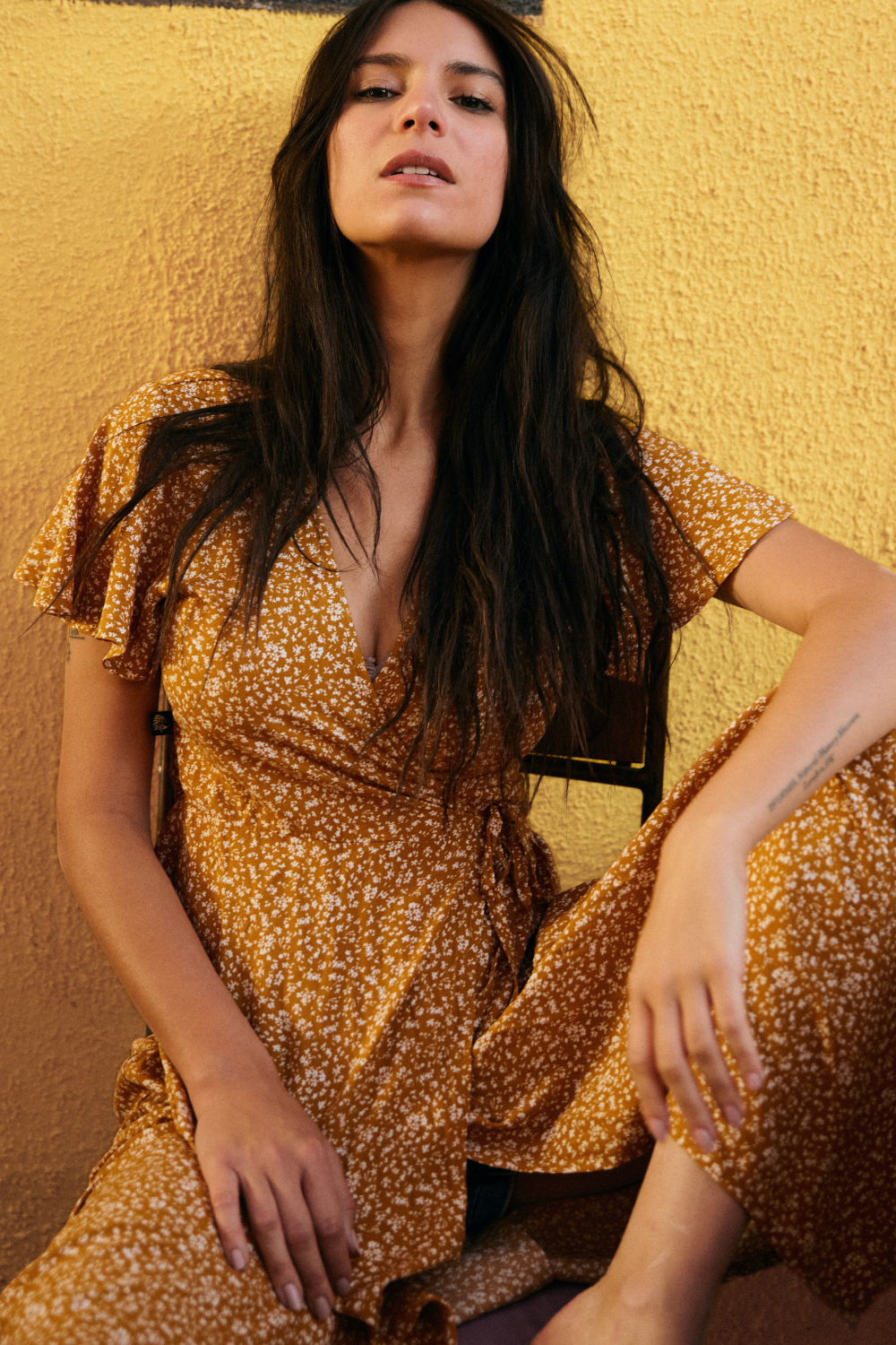 Vestido Largo Ecuador Flores Mostaza Mujer