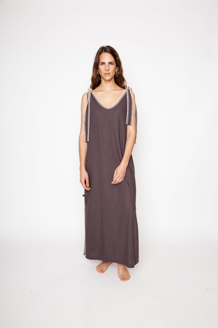 Vestido Bela Con Lino Gris Oscuro Mujer