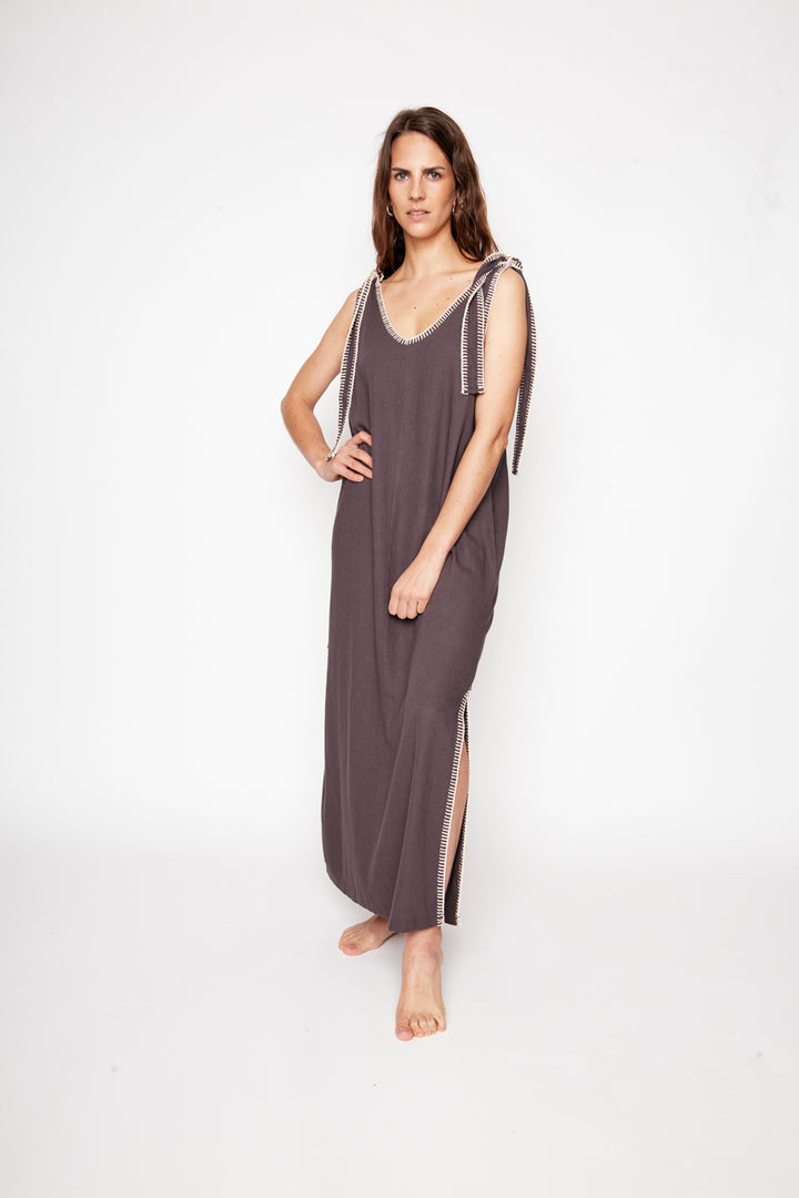 Vestido Bela Con Lino Gris Oscuro Mujer