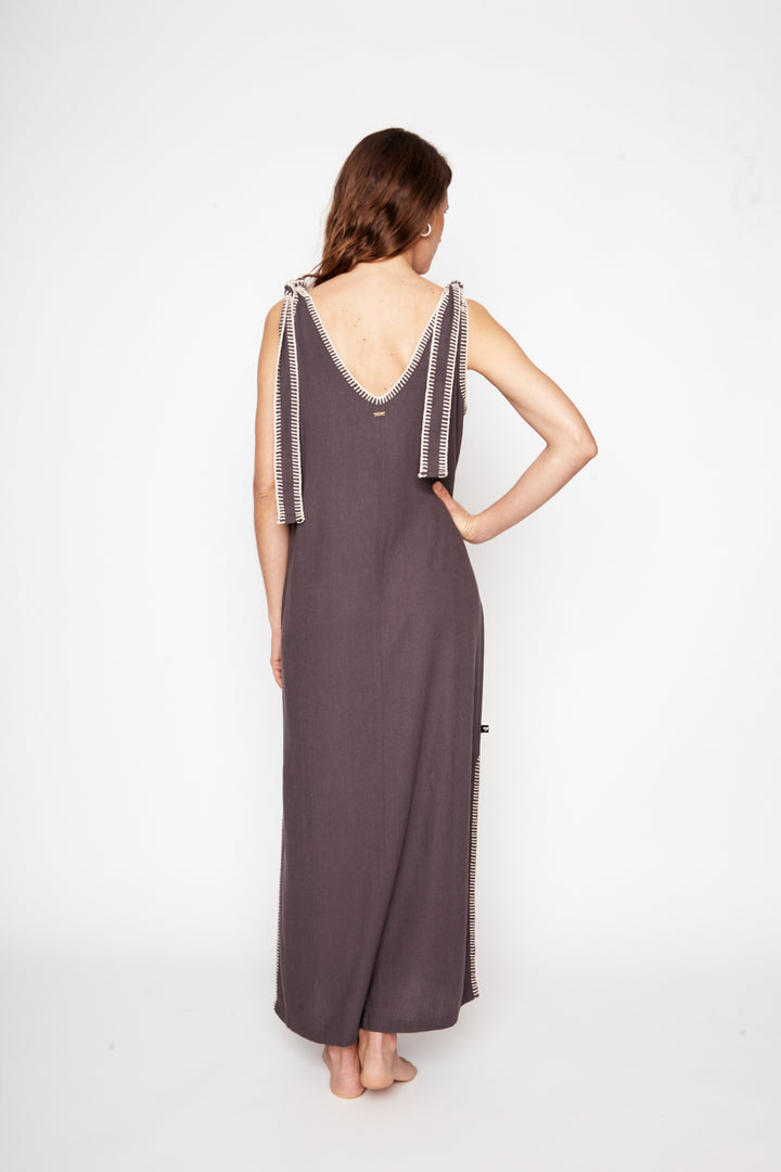 Vestido Bela Con Lino Gris Oscuro Mujer
