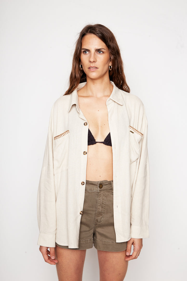 Camisa Zita Con Lino Beige Mujer