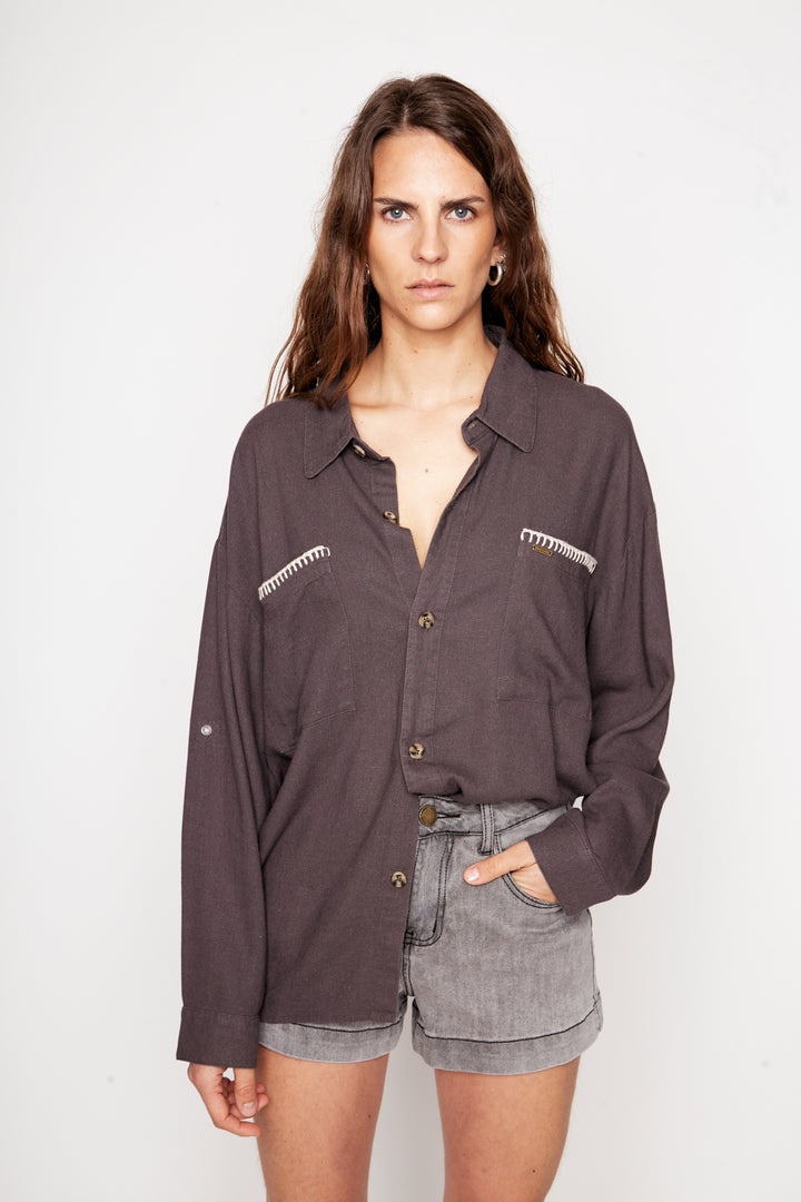 Camisa Zita Con Lino Gris Mujer