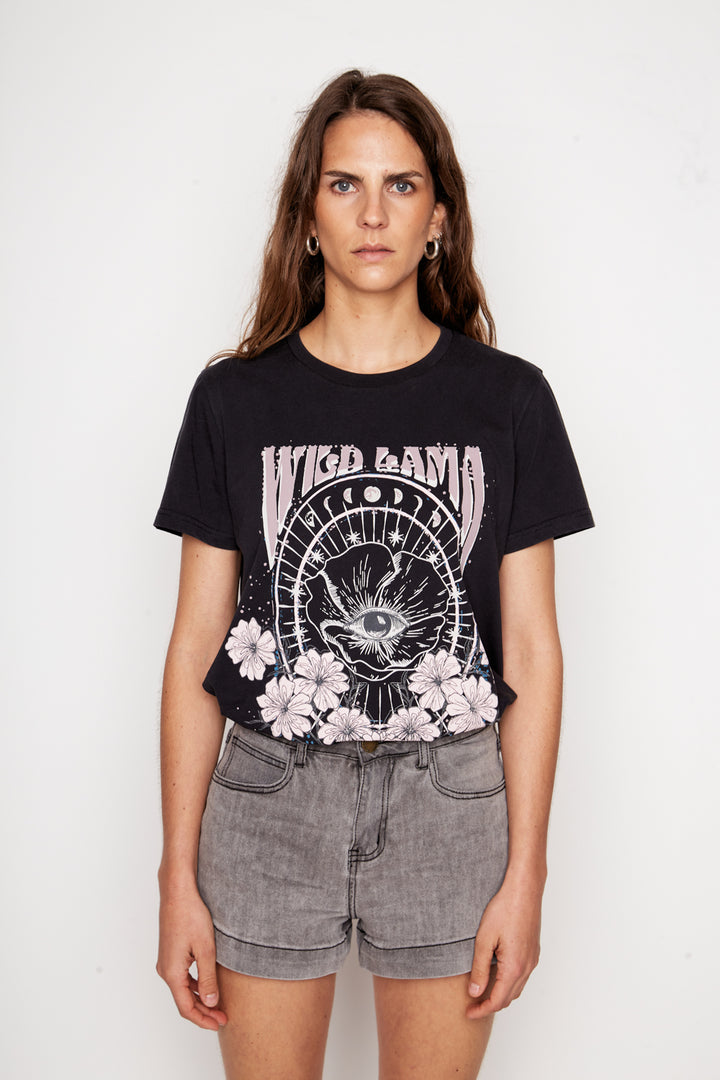 Polera Genovesa Orgánica Gris Estampado Rosado Mujer