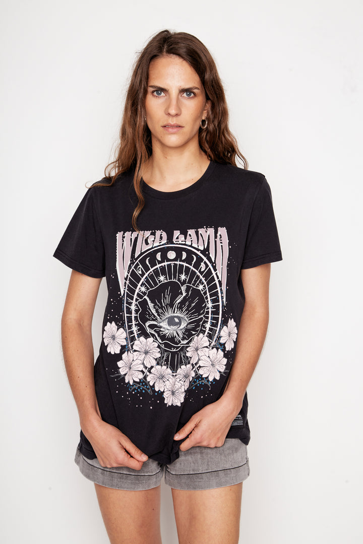 Polera Genovesa Orgánica Gris Estampado Rosado Mujer