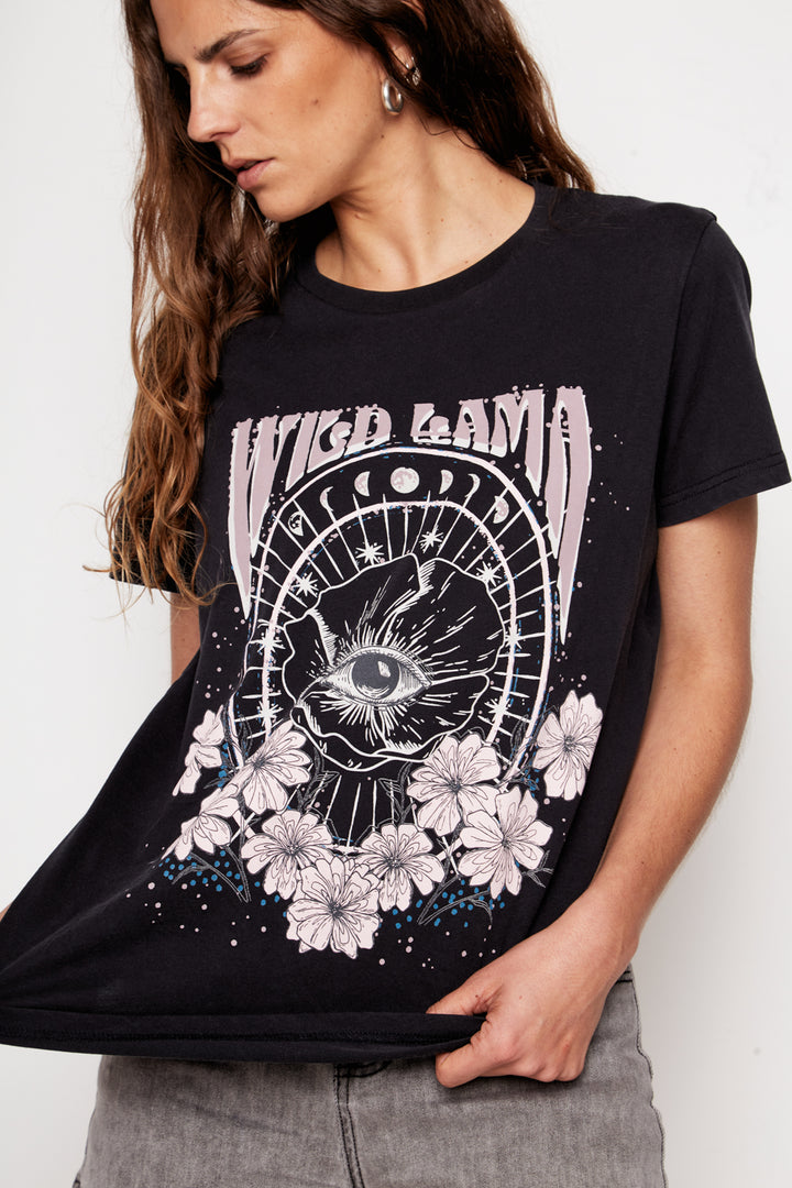 Polera Genovesa Orgánica Gris Estampado Rosado Mujer