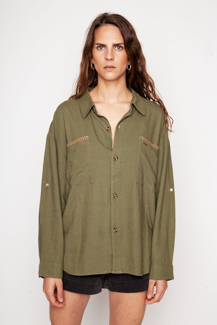 Camisa Zita Con Lino Verde Mujer