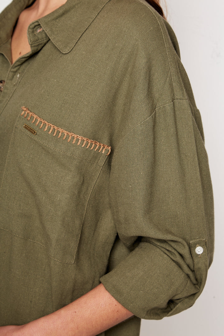 Camisa Zita Con Lino Verde Mujer
