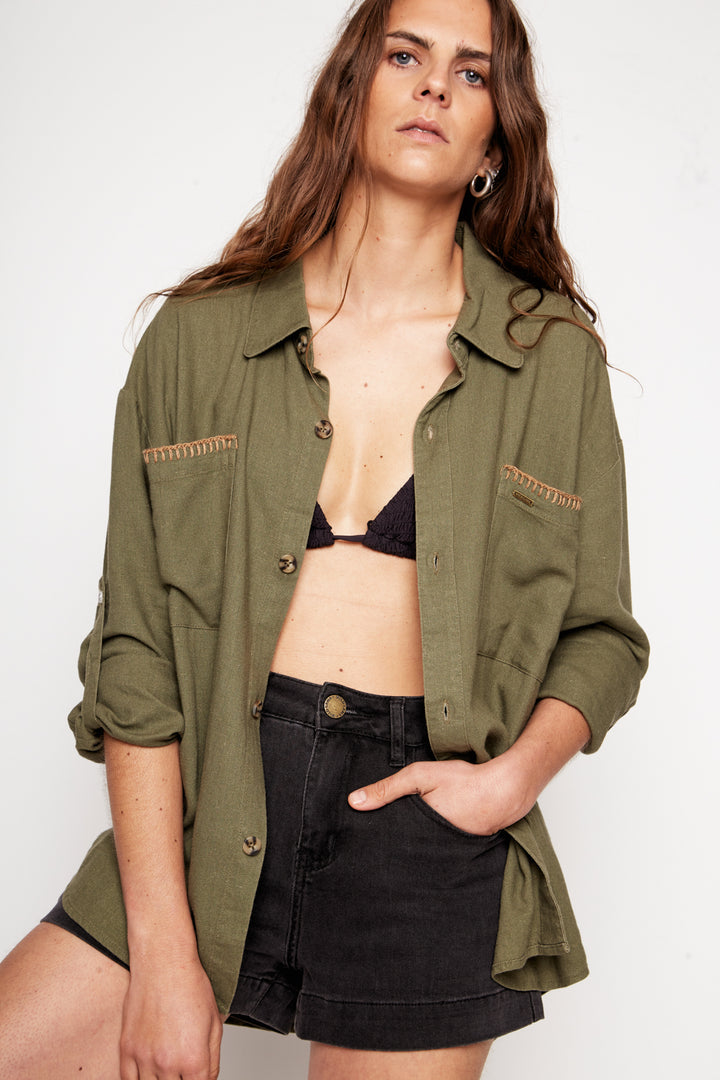 Camisa Zita Con Lino Verde Mujer