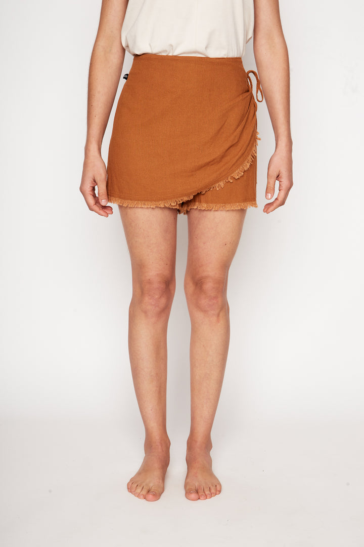 Falda Short Quilla Con Lino Terracota Mujer