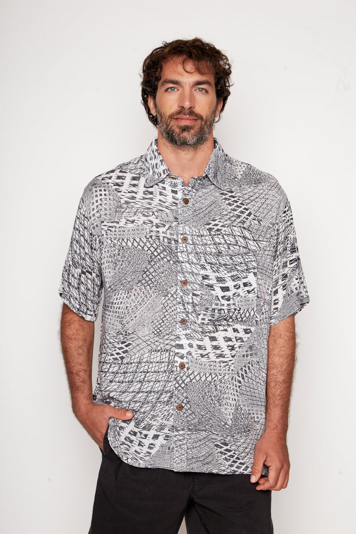 Guayabera Bunche Geométrico Blanco Negro
