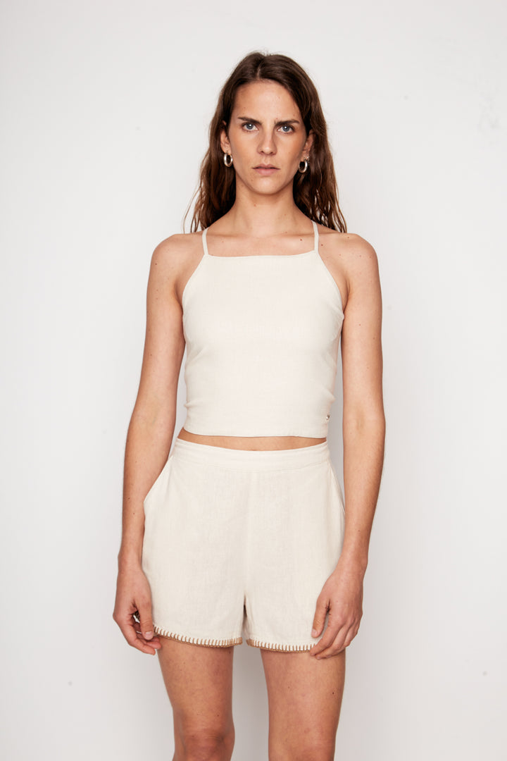 Polera Hydra Con Lino Beige Mujer